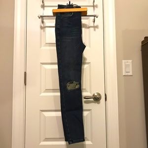 We the Free 5 pocket high waist button fly dark wash distressed jeans (size 28)